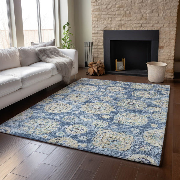 HomeRoots 5' Blue Ivory and Gold Floral Area Rug - Washable, UV Protected, Durable for Busy Homes & Stylish Décor 653184