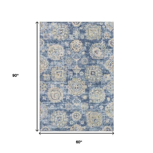 HomeRoots 5' Blue Ivory and Gold Floral Area Rug - Washable, UV Protected, Durable for Busy Homes & Stylish Décor 653184