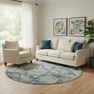 HomeRoots 8' Blue Ivory and Gold Floral Washable Round Rug – Elegant, Durable, UV-Protected for Indoor/Outdoor Use 653185