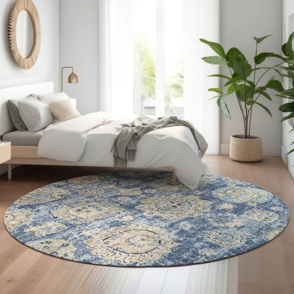 HomeRoots 8' Blue Ivory and Gold Floral Washable Round Rug – Elegant, Durable, UV-Protected for Indoor/Outdoor Use 653185