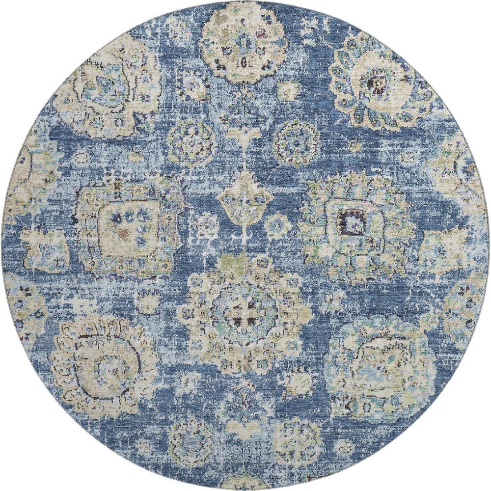HomeRoots 8' Blue Ivory and Gold Floral Washable Round Rug – Elegant, Durable, UV-Protected for Indoor/Outdoor Use 653185