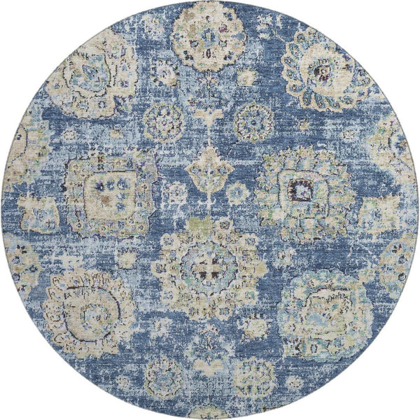 HomeRoots 8' Blue Ivory and Gold Floral Washable Round Rug – Elegant, Durable, UV-Protected for Indoor/Outdoor Use 653185