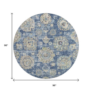 HomeRoots 8' Blue Ivory and Gold Floral Washable Round Rug – Elegant, Durable, UV-Protected for Indoor/Outdoor Use 653185