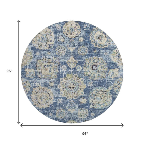 HomeRoots 8' Blue Ivory and Gold Floral Washable Round Rug – Elegant, Durable, UV-Protected for Indoor/Outdoor Use 653185