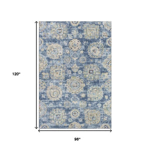 HomeRoots 8' X 10' Blue Ivory Gold Floral Washable Area Rug - Stain Resistant, UV Protected, Easy Care Design 653186