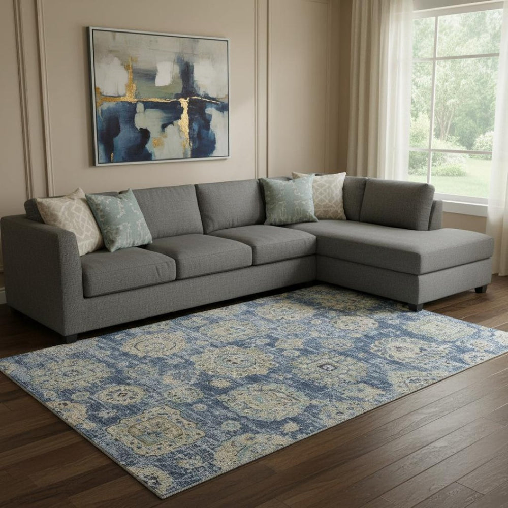 HomeRoots 8' X 10' Blue Ivory Gold Floral Washable Area Rug - Stain Resistant, UV Protected, Easy Care Design 653186