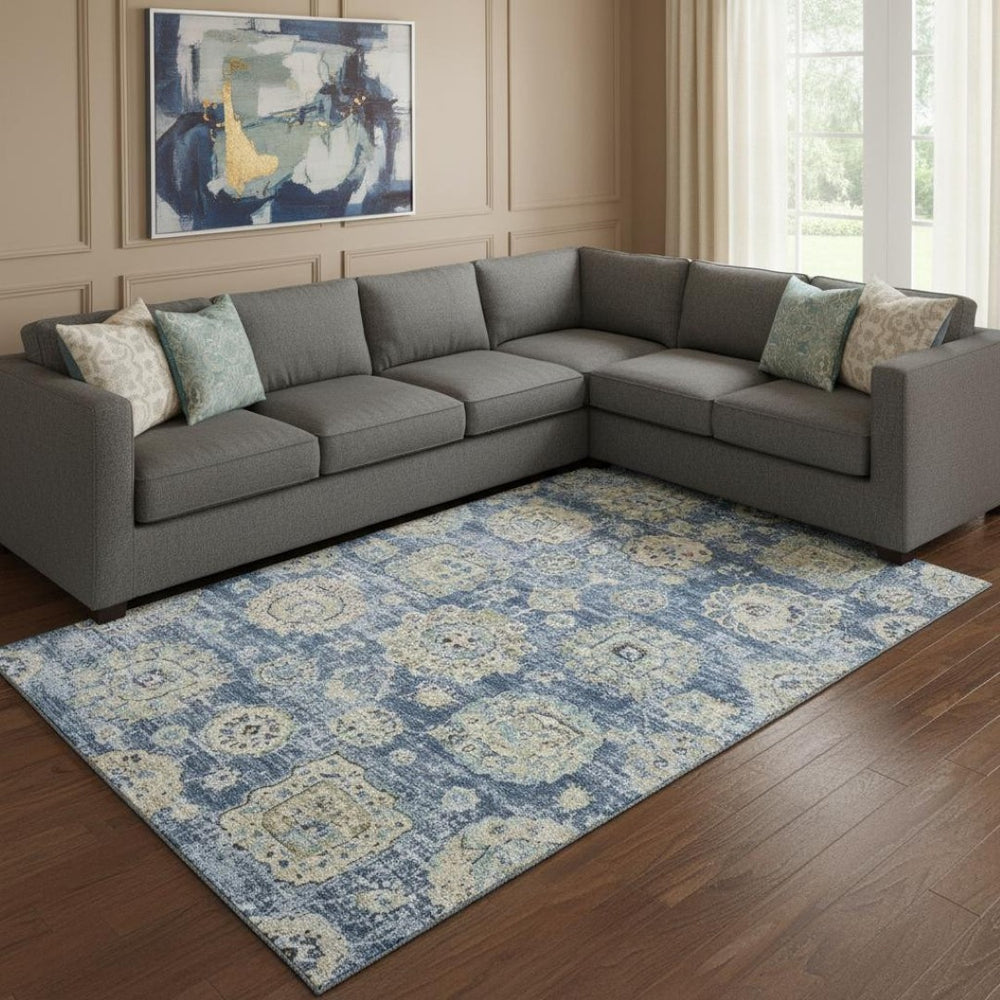 HomeRoots 9' X 12' Elegant Blue Ivory Gold Floral Area Rug - Washable, UV-Protected, Perfect for High-Traffic Areas 653187