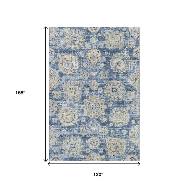 HomeRoots 10' X 14' Blue Ivory Gold Floral Area Rug - Durable, Washable & UV Protected for Stylish Homes 653188