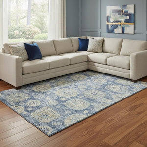 HomeRoots 10' X 14' Blue Ivory Gold Floral Area Rug - Durable, Washable & UV Protected for Stylish Homes 653188
