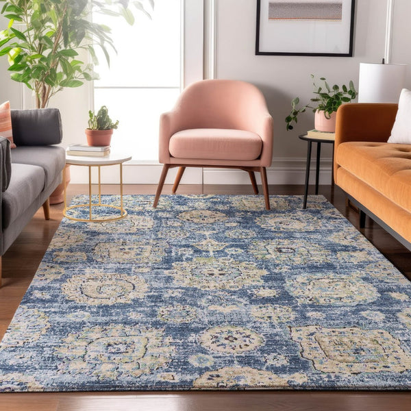 HomeRoots 10' X 14' Blue Ivory Gold Floral Area Rug - Durable, Washable & UV Protected for Stylish Homes 653188