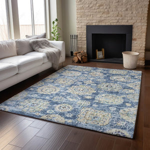 HomeRoots 10' X 14' Blue Ivory Gold Floral Area Rug - Durable, Washable & UV Protected for Stylish Homes 653188