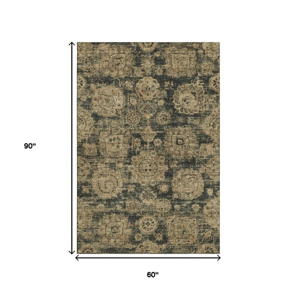 HomeRoots 5' X 8' Charcoal Brown Floral Area Rug – Stylish, Washable, UV-Protected for Homes with Kids & Pets 653190