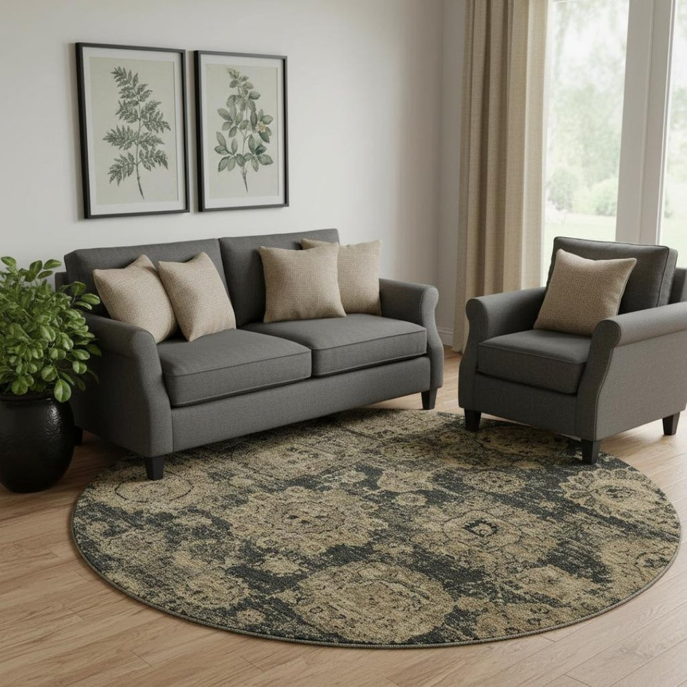 HomeRoots 8' Charcoal and Brown Floral Round Rug - Durable, Stain-Resistant, UV Protected for Stylish Spaces 653191