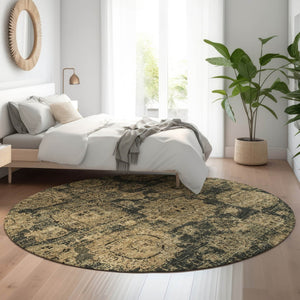 HomeRoots 8' Charcoal and Brown Floral Round Rug - Durable, Stain-Resistant, UV Protected for Stylish Spaces 653191