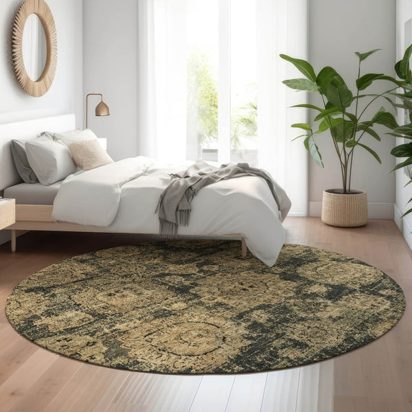 HomeRoots 8' Charcoal and Brown Floral Round Rug - Durable, Stain-Resistant, UV Protected for Stylish Spaces 653191