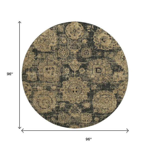 HomeRoots 8' Charcoal and Brown Floral Round Rug - Durable, Stain-Resistant, UV Protected for Stylish Spaces 653191