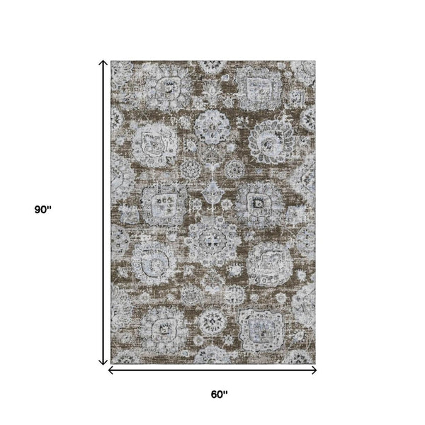 HomeRoots 5' X 8' Chocolate Floral Area Rug - Washable, Stain-Resistant & UV Protected for Family Spaces 653196