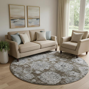HomeRoots 8' Chocolate and Ivory Floral Washable Round Rug - Durable, Stain-Resistant with UV Protection! 653197