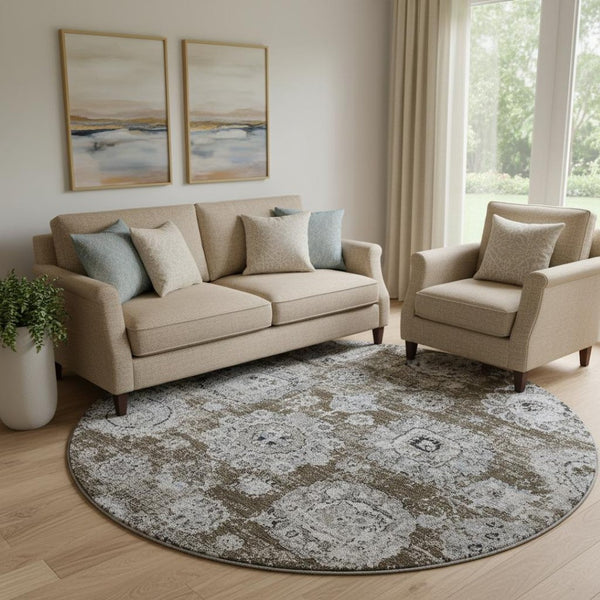 HomeRoots 8' Chocolate and Ivory Floral Washable Round Rug - Durable, Stain-Resistant with UV Protection! 653197