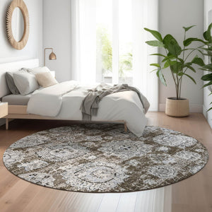HomeRoots 8' Chocolate and Ivory Floral Washable Round Rug - Durable, Stain-Resistant with UV Protection! 653197