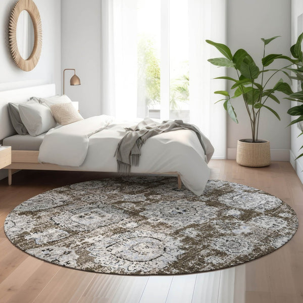 HomeRoots 8' Chocolate and Ivory Floral Washable Round Rug - Durable, Stain-Resistant with UV Protection! 653197