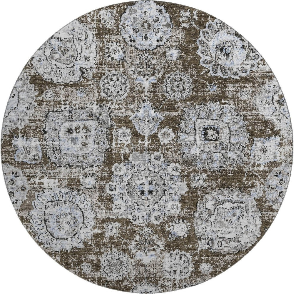 HomeRoots 8' Chocolate and Ivory Floral Washable Round Rug - Durable, Stain-Resistant with UV Protection! 653197