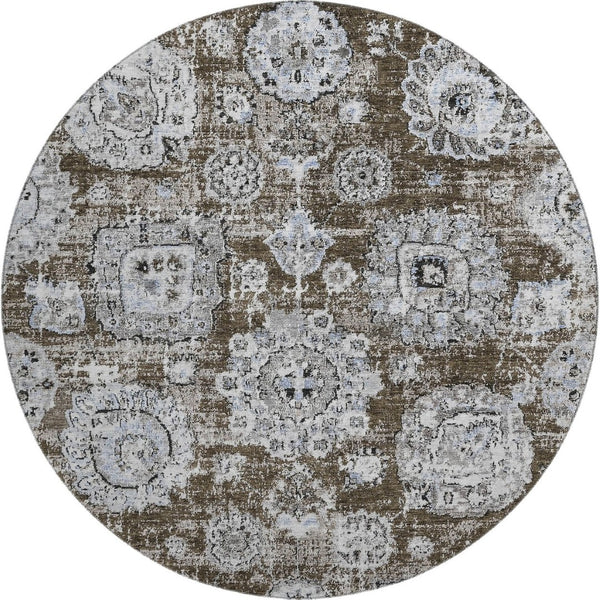 HomeRoots 8' Chocolate and Ivory Floral Washable Round Rug - Durable, Stain-Resistant with UV Protection! 653197