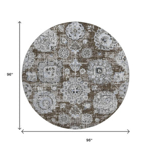 HomeRoots 8' Chocolate and Ivory Floral Washable Round Rug - Durable, Stain-Resistant with UV Protection! 653197