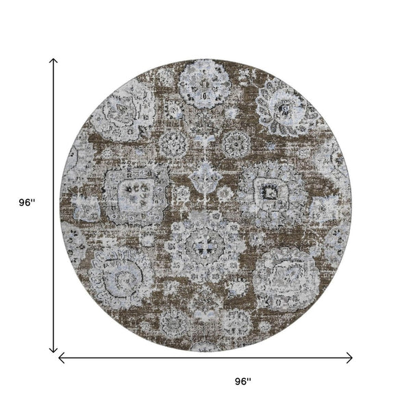 HomeRoots 8' Chocolate and Ivory Floral Washable Round Rug - Durable, Stain-Resistant with UV Protection! 653197