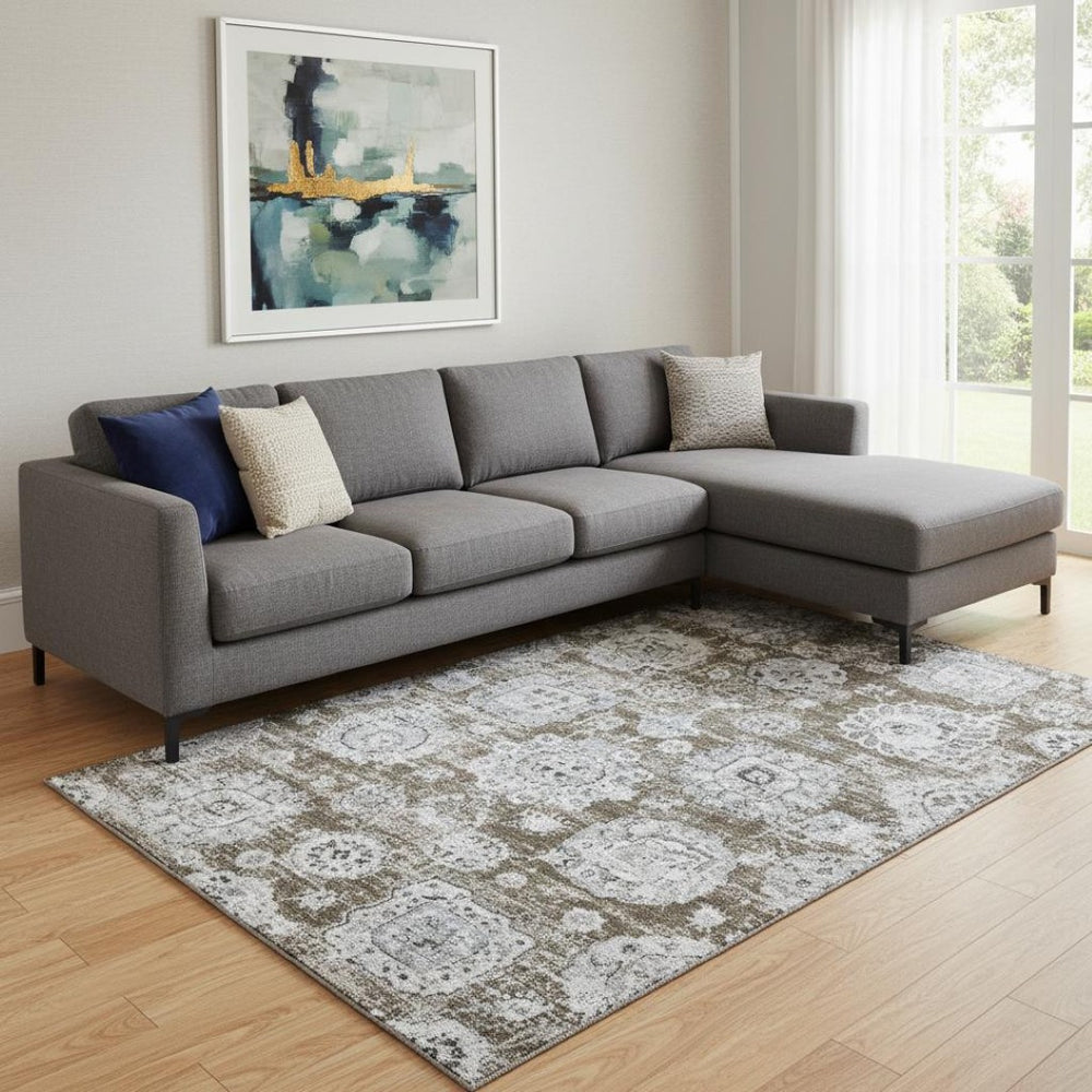 HomeRoots 8' X 10' Floral Washable Area Rug in Chocolate & Ivory – Stain-Resistant, UV-Protected & Durable Design 653198