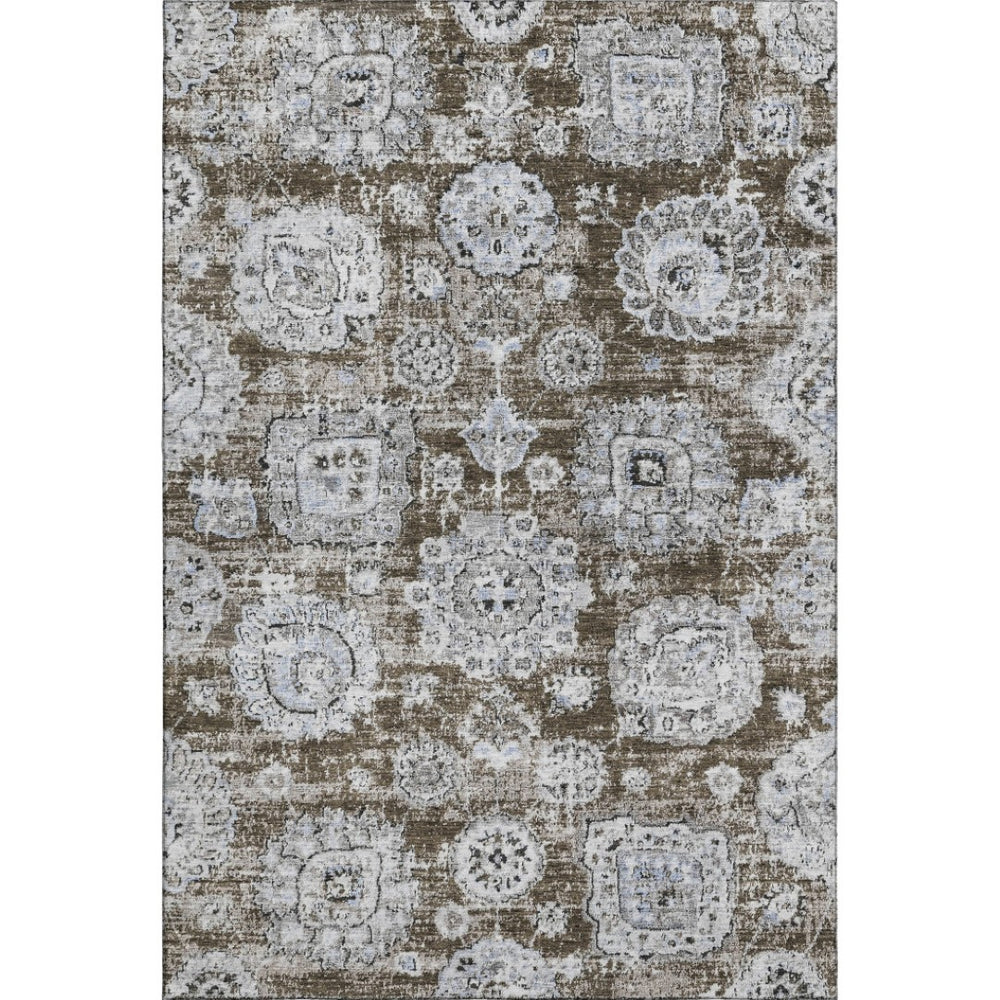 HomeRoots 8' X 10' Floral Washable Area Rug in Chocolate & Ivory – Stain-Resistant, UV-Protected & Durable Design 653198