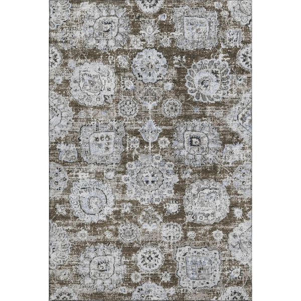 HomeRoots 8' X 10' Floral Washable Area Rug in Chocolate & Ivory – Stain-Resistant, UV-Protected & Durable Design 653198