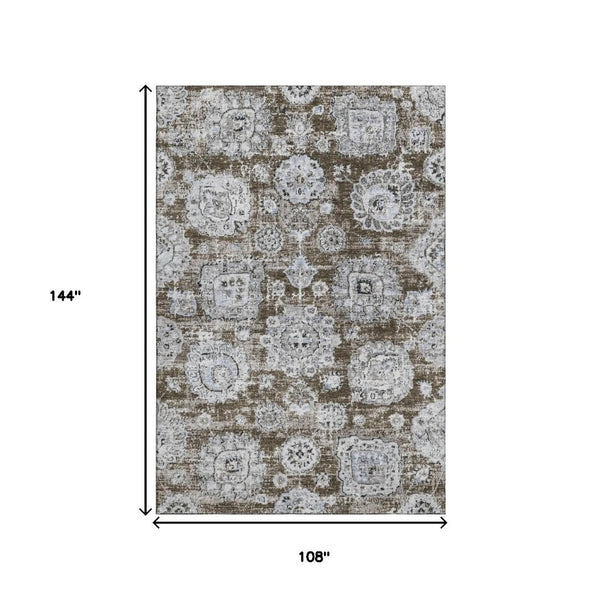 HomeRoots 9' x 12' Chocolate & Ivory Floral Area Rug - Washable, Stain-Resistant, UV Protected for Durability 653199