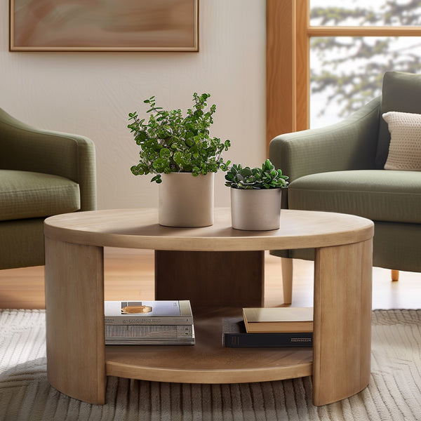English Elm Round Wood Coffee Table with Shelf — 36" Dia Modern Rubberwood Veneer, Minimalist Curved Legs, 85lb Capacity B035P217813