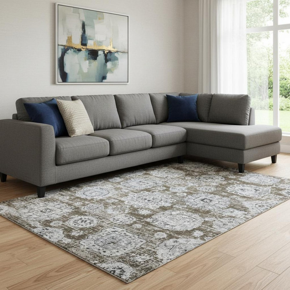 HomeRoots 10' X 14' Elegant Chocolate & Ivory Floral Area Rug - Washable, UV Protected, Durable for Homes 653200