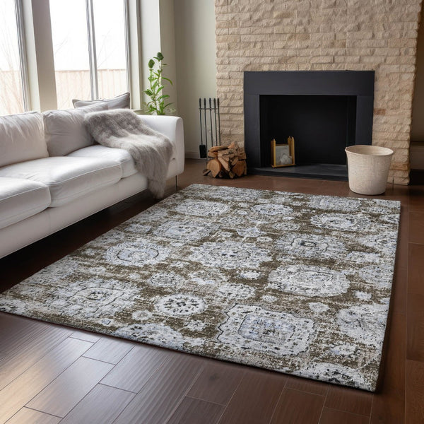 HomeRoots 10' X 14' Elegant Chocolate & Ivory Floral Area Rug - Washable, UV Protected, Durable for Homes 653200