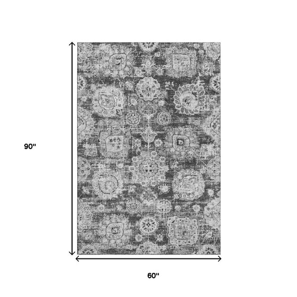 HomeRoots 5' X 8' Gray and Ivory Floral Area Rug - Washable, Stain-Resistant, UV Protected for High-Traffic Spaces 653202