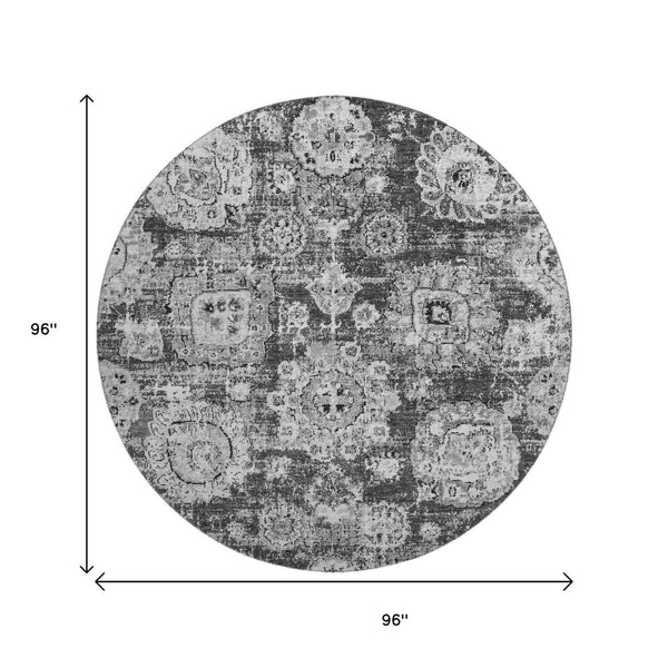 HomeRoots 8' Gray and Ivory Floral Round Rug - Washable, UV-Protected, Durable Design for Busy Homes 653203