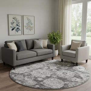 HomeRoots 8' Gray and Ivory Floral Round Rug - Washable, UV-Protected, Durable Design for Busy Homes 653203