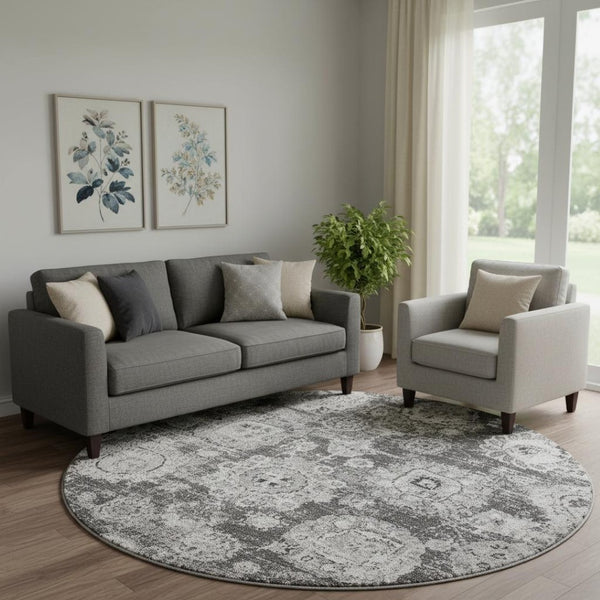 HomeRoots 8' Gray and Ivory Floral Round Rug - Washable, UV-Protected, Durable Design for Busy Homes 653203