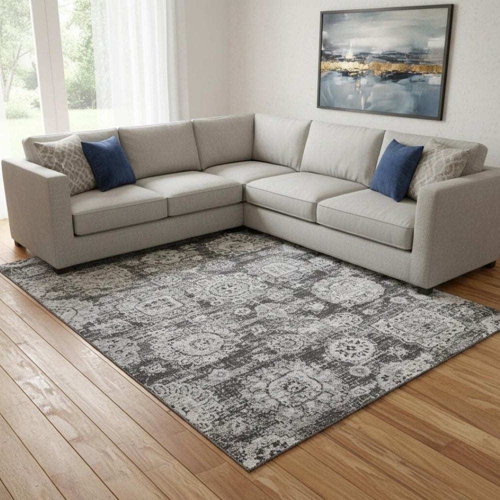HomeRoots 8' X 10' Gray and Ivory Floral Area Rug - Durable, Washable, UV Protected for Elegant Home Decor 653204