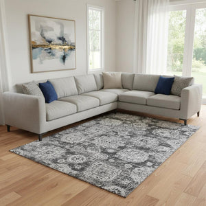 HomeRoots 9' X 12' Gray And Ivory Floral Area Rug - Stylish, Washable, UV Protected for High-Traffic Spaces 653205