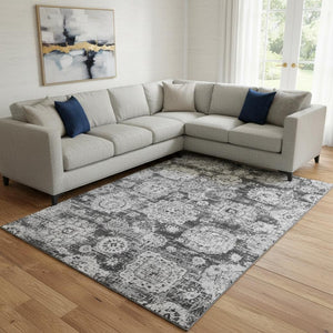 HomeRoots 10' Gray and Ivory Floral Area Rug - Washable, UV Protected, Durable for High-Traffic Spaces 653206