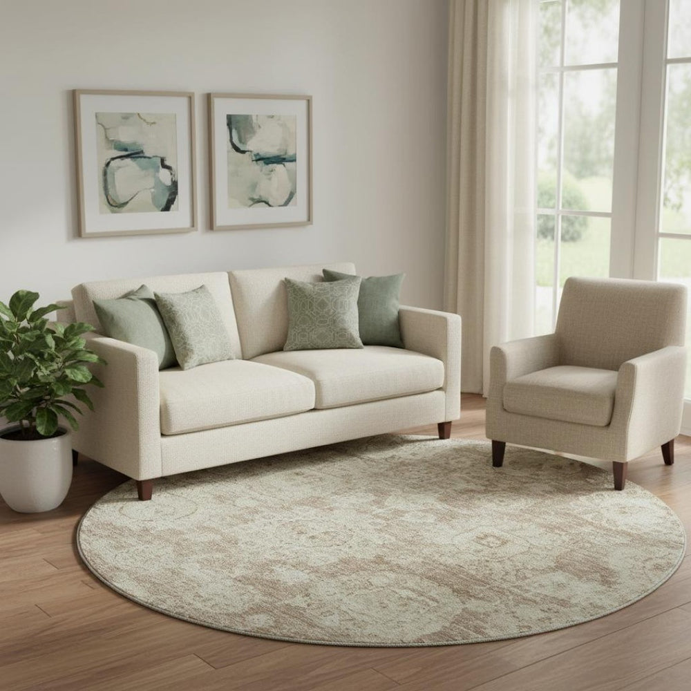 HomeRoots 8' Washable Round Area Rug in Coffee & Beige Floral Design – UV Protected, Stain Resistant & Durable 653209
