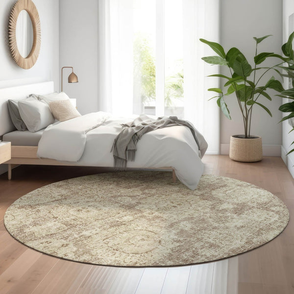 HomeRoots 8' Washable Round Area Rug in Coffee & Beige Floral Design – UV Protected, Stain Resistant & Durable 653209