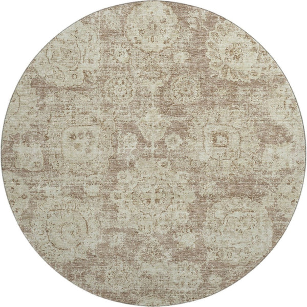 HomeRoots 8' Washable Round Area Rug in Coffee & Beige Floral Design – UV Protected, Stain Resistant & Durable 653209