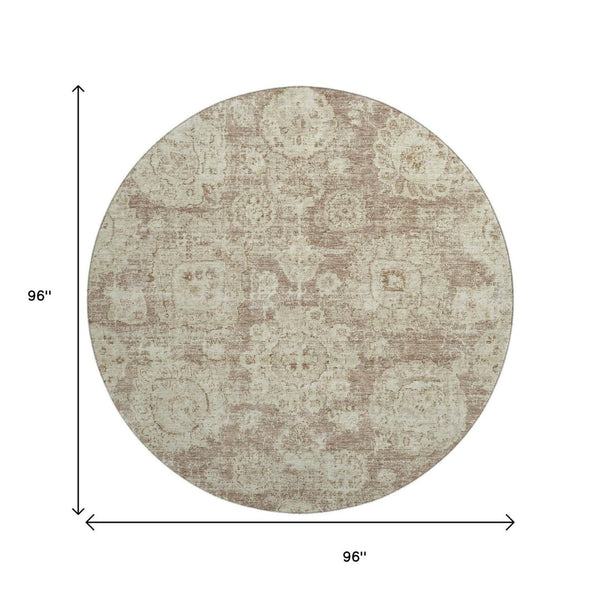 HomeRoots 8' Washable Round Area Rug in Coffee & Beige Floral Design – UV Protected, Stain Resistant & Durable 653209