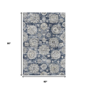 HomeRoots 5' Navy Blue and Ivory Floral Washable Area Rug - UV Protected, Durable, Easy-Care for Family Spaces 653214