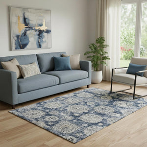 HomeRoots 5' Navy Blue and Ivory Floral Washable Area Rug - UV Protected, Durable, Easy-Care for Family Spaces 653214
