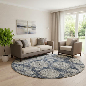 HomeRoots 8' Navy Blue Floral Round Rug - Washable, UV-Protected, Durable for Homes with Kids & Pets 653215